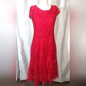Candolate Lace Midi Dress, Formal,Sparkles Short Sleeve, Metallic, Lining, Red,M